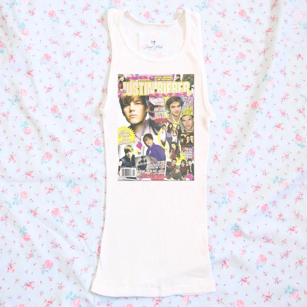 y2k justin bieber magazine graphic ribbed tank